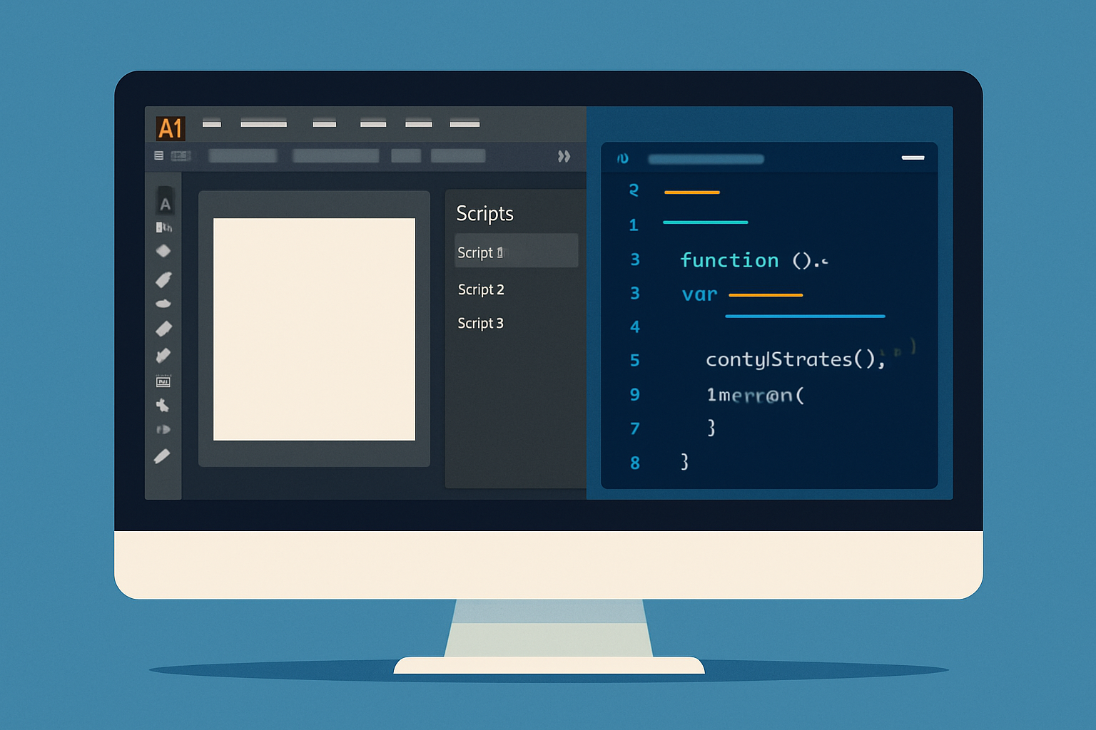 Interface d’Illustrator avec accès au panneau Scripts et Visual Studio Code affichant un script simple.