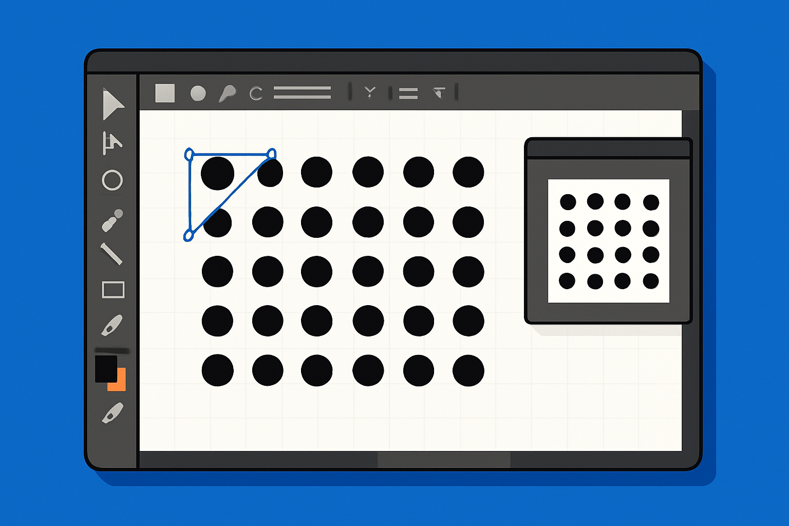 Création d’une trame simple dans Illustrator avec duplication de formes sur grille et panneau des motifs.