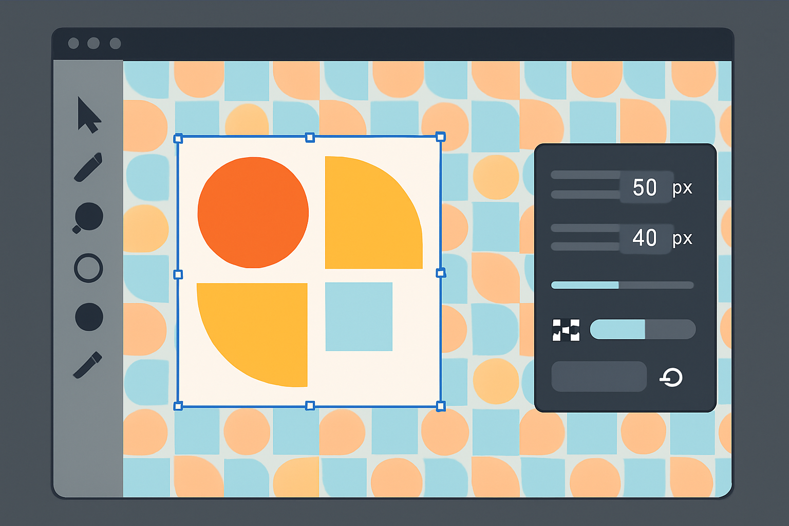 Interface de création de motifs dans Illustrator avec ajustements d’espacement, de taille et de transparence.