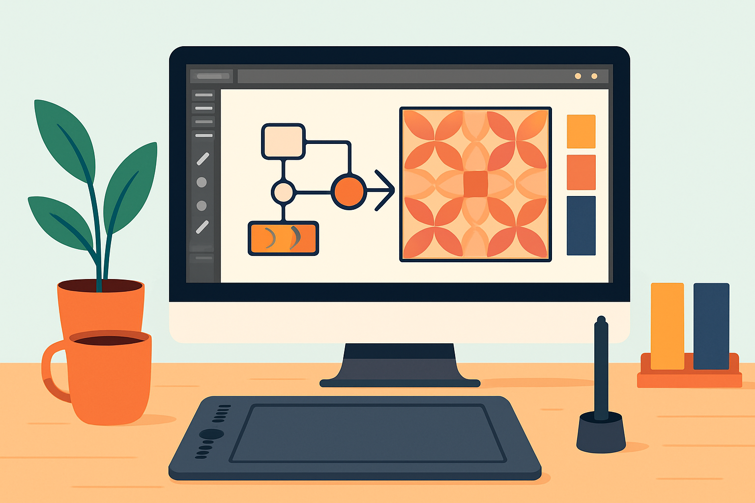 Exemple de workflow automatisé illustrant la création de motifs répétitifs et palettes de couleurs dans Illustrator.