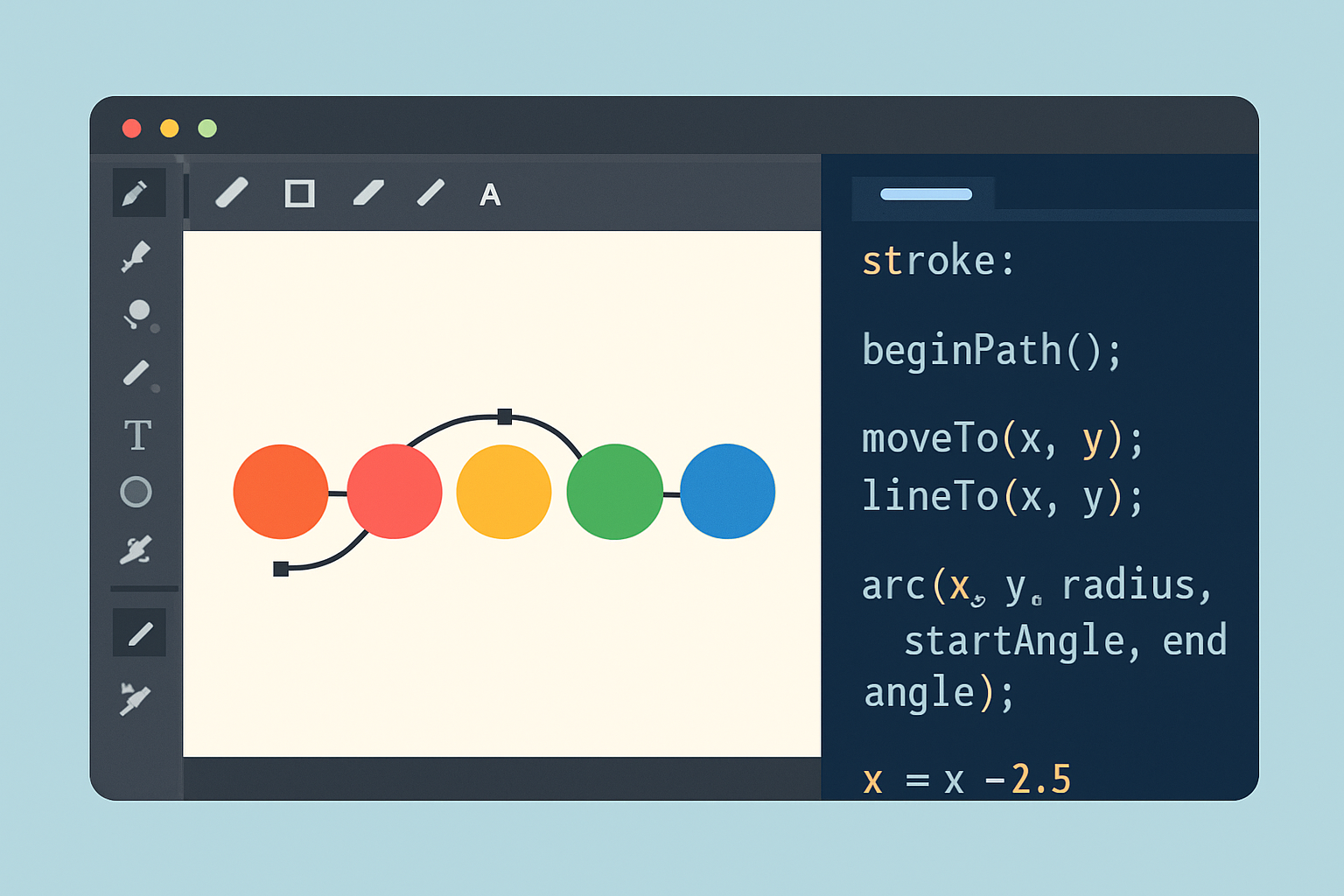 Interface Adobe Illustrator avec un script générant plusieurs cercles colorés alignés horizontalement.