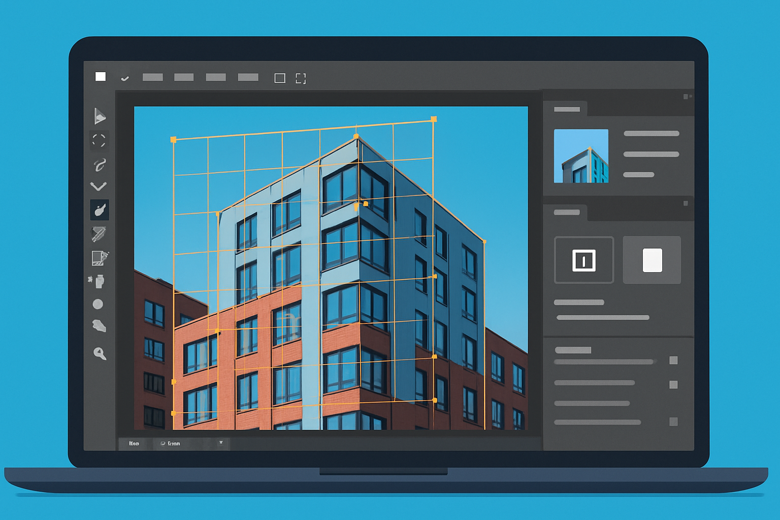 Interface du filtre Déformation de la perspective dans Photoshop avec grille et points de contrôle actifs