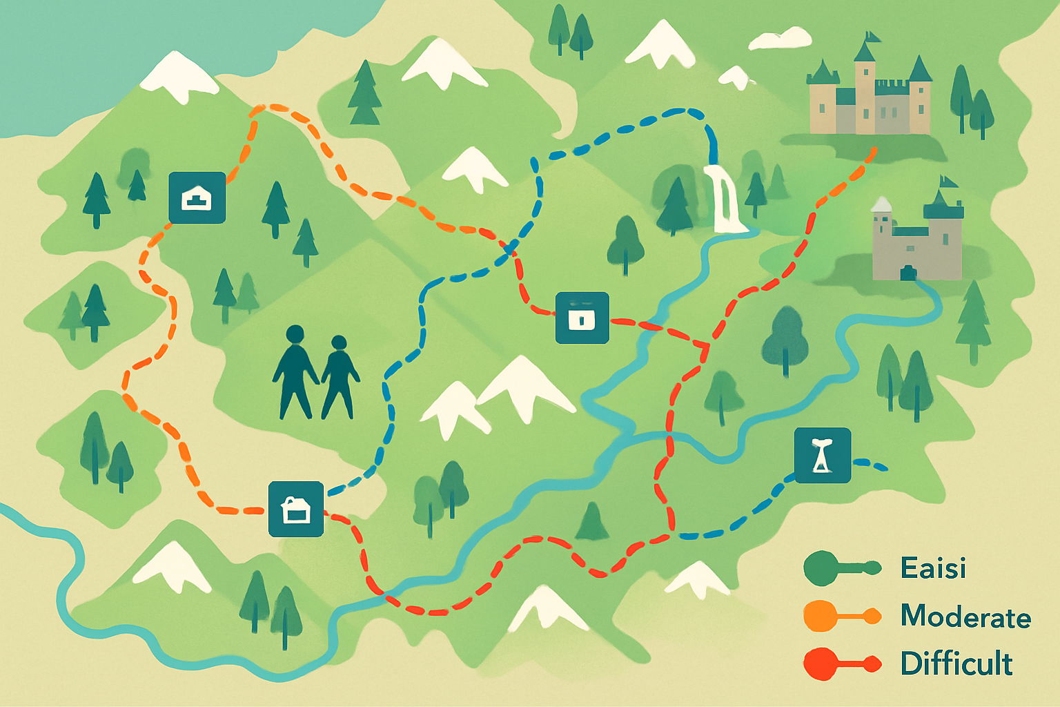 Carte simplifiée des itinéraires famille dans les Alpes avec points clés