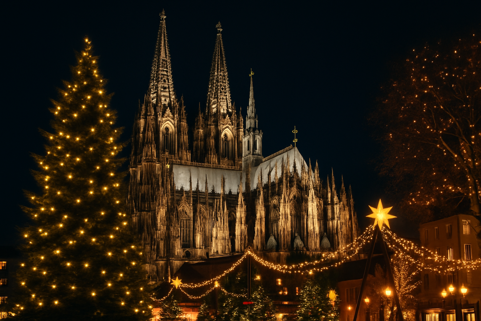 Photo de la Cathédrale de Cologne illuminée en soirée