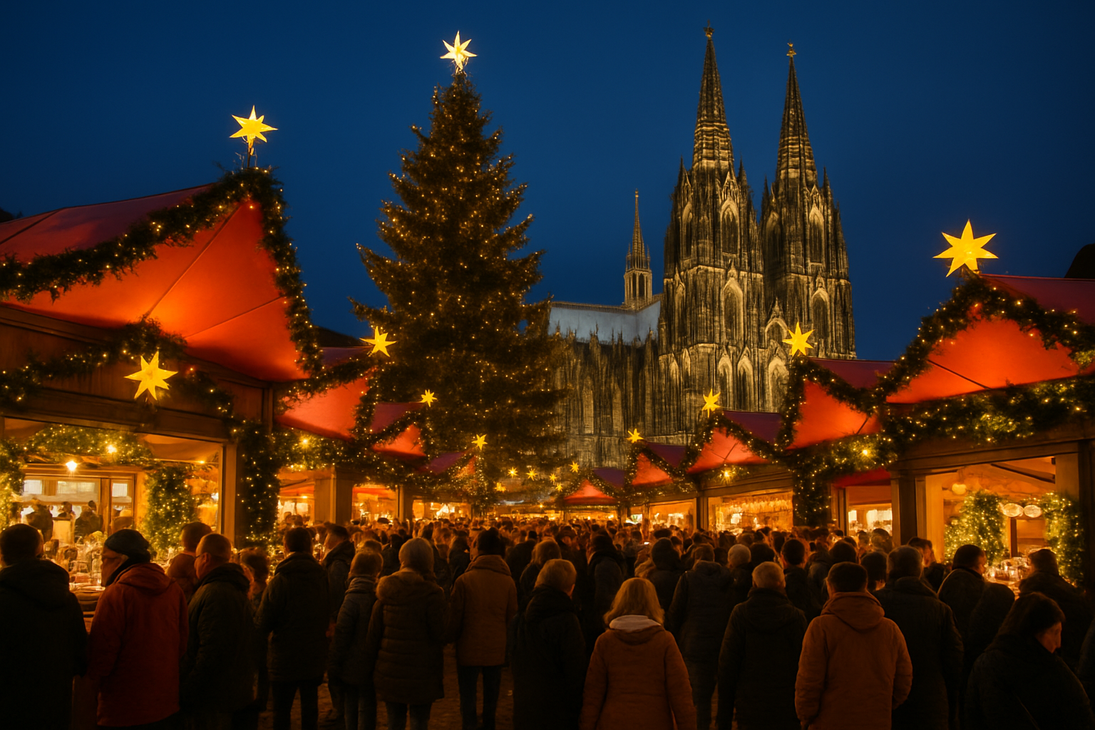 Photo panoramique du Marché de Noël principal avec la Cathédrale de Cologne illuminée en arrière-plan