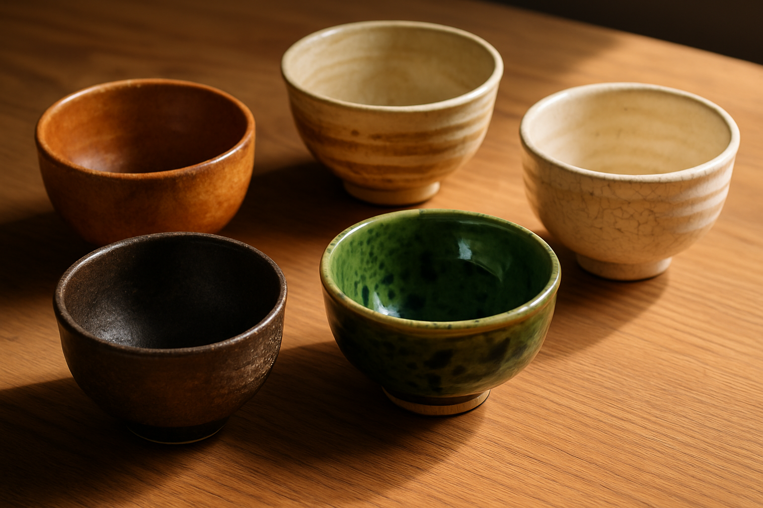 Exemple de bols céramiques japonais traditionnels présentant les styles Raku, Shino, Oribe, Hagi et Karatsu