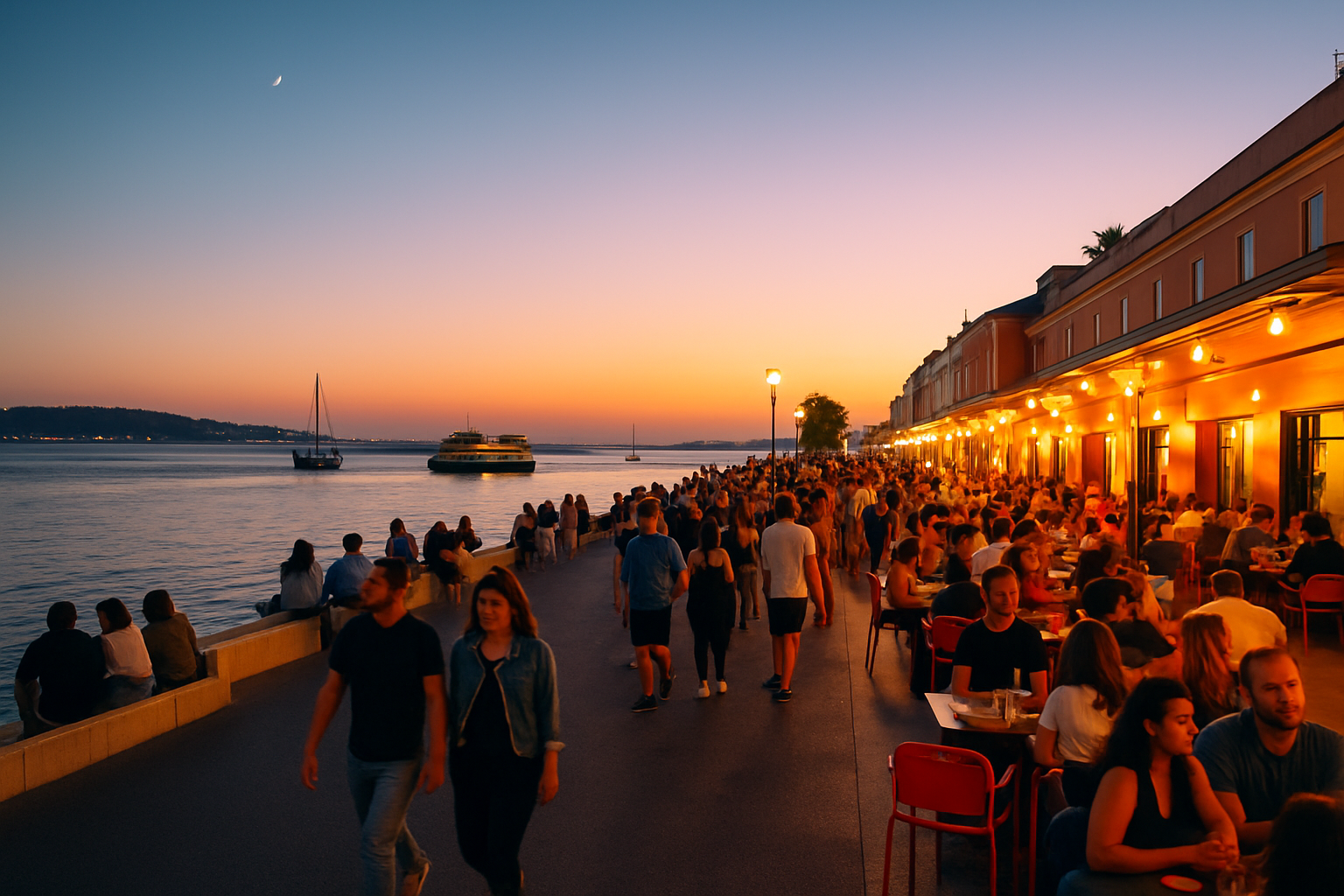 Ambiance nocturne au bord du fleuve dans le quartier festif de Cais do Sodré