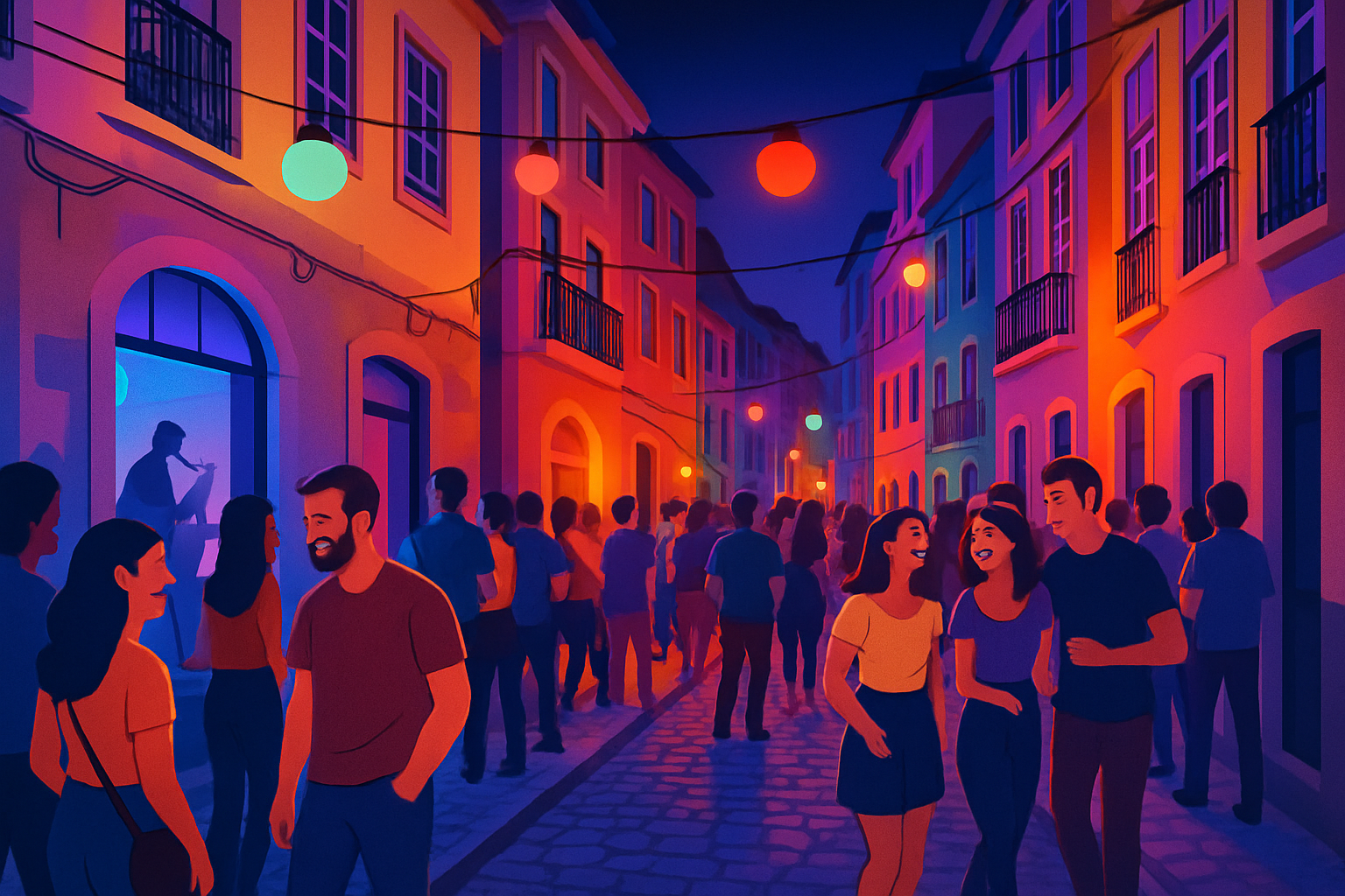 Ruelles animées de Bairro Alto la nuit, cœur vibrant de la vie nocturne lisboète