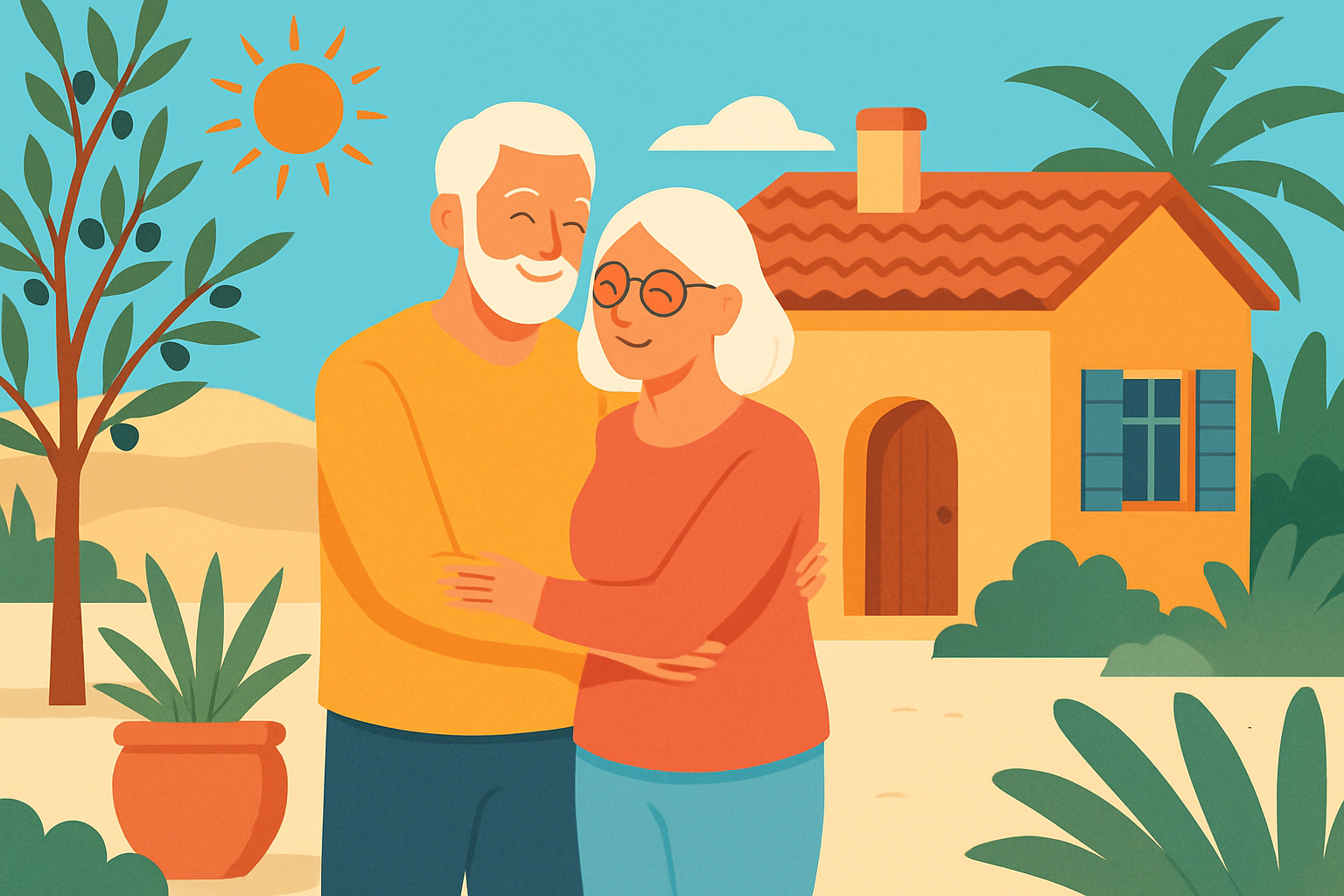 Couple de retraités heureux s’installant dans leur maison au Portugal sous un soleil méditerranéen.