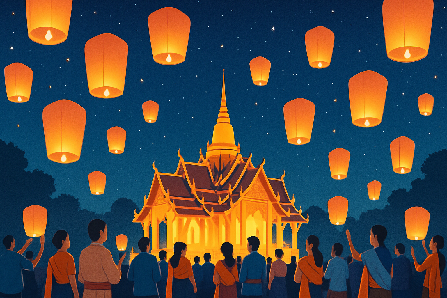 Lâcher de lanternes célestes durant la Fête des Lumières en Thaïlande au-dessus d