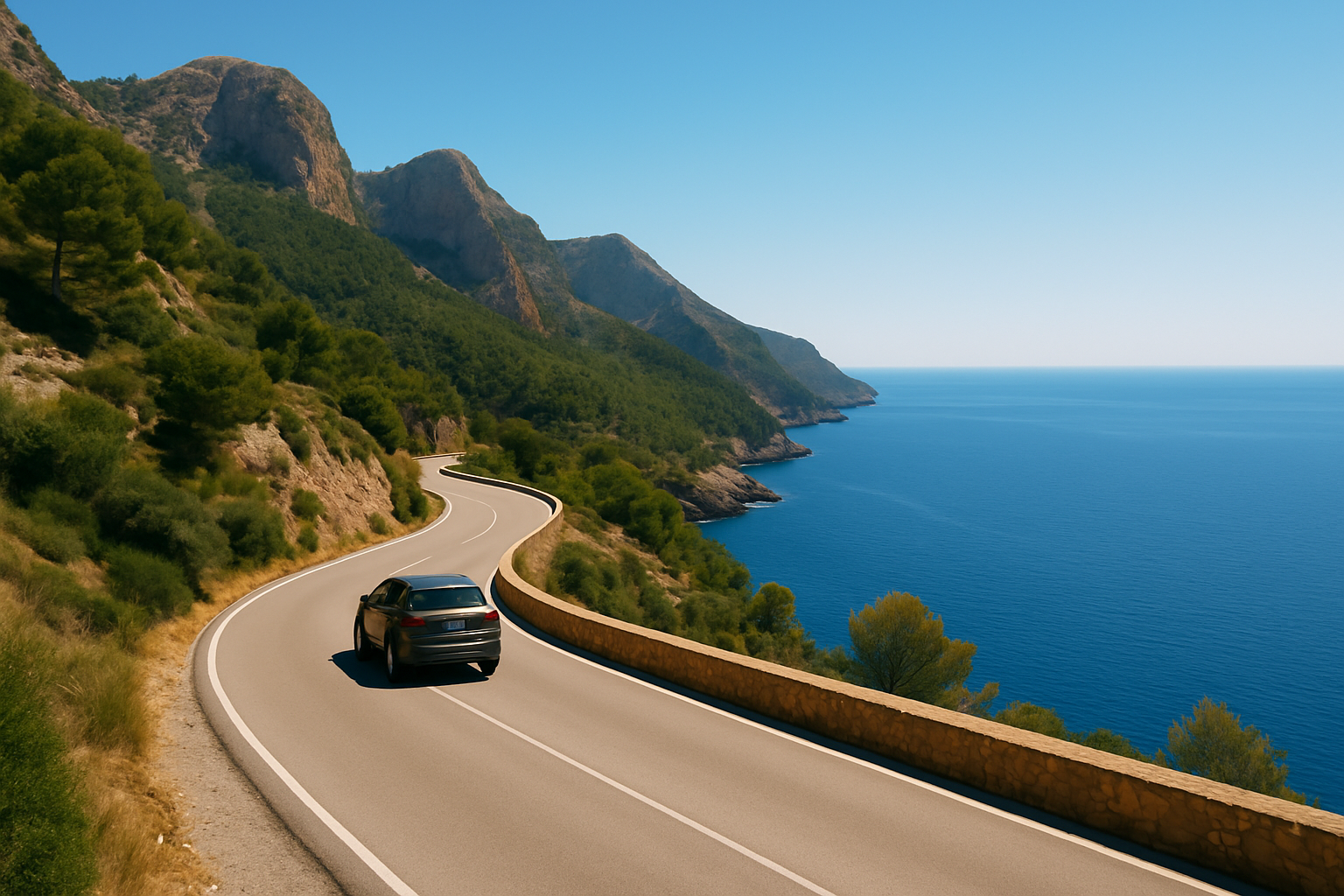 Panorama spectaculaire de la route côtière à Majorque, un des moments forts du tour en voiture