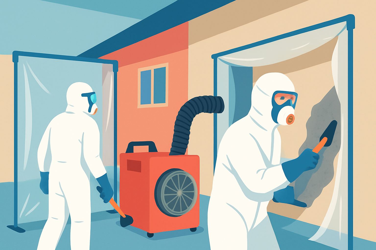 Travailleurs en tenue de protection effectuant un désamiantage dans une habitation avec confinement et filtration de l