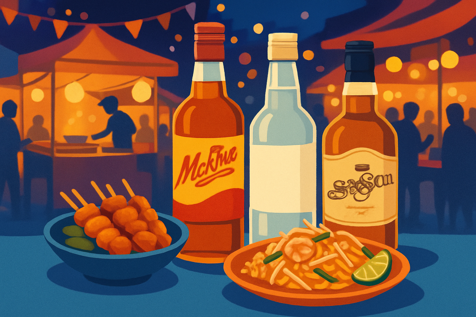 Bouteilles de Mekhong, Lao Khao et Sang Som accompagnées de cuisine de rue thaïlandaise dans une ambiance festive.