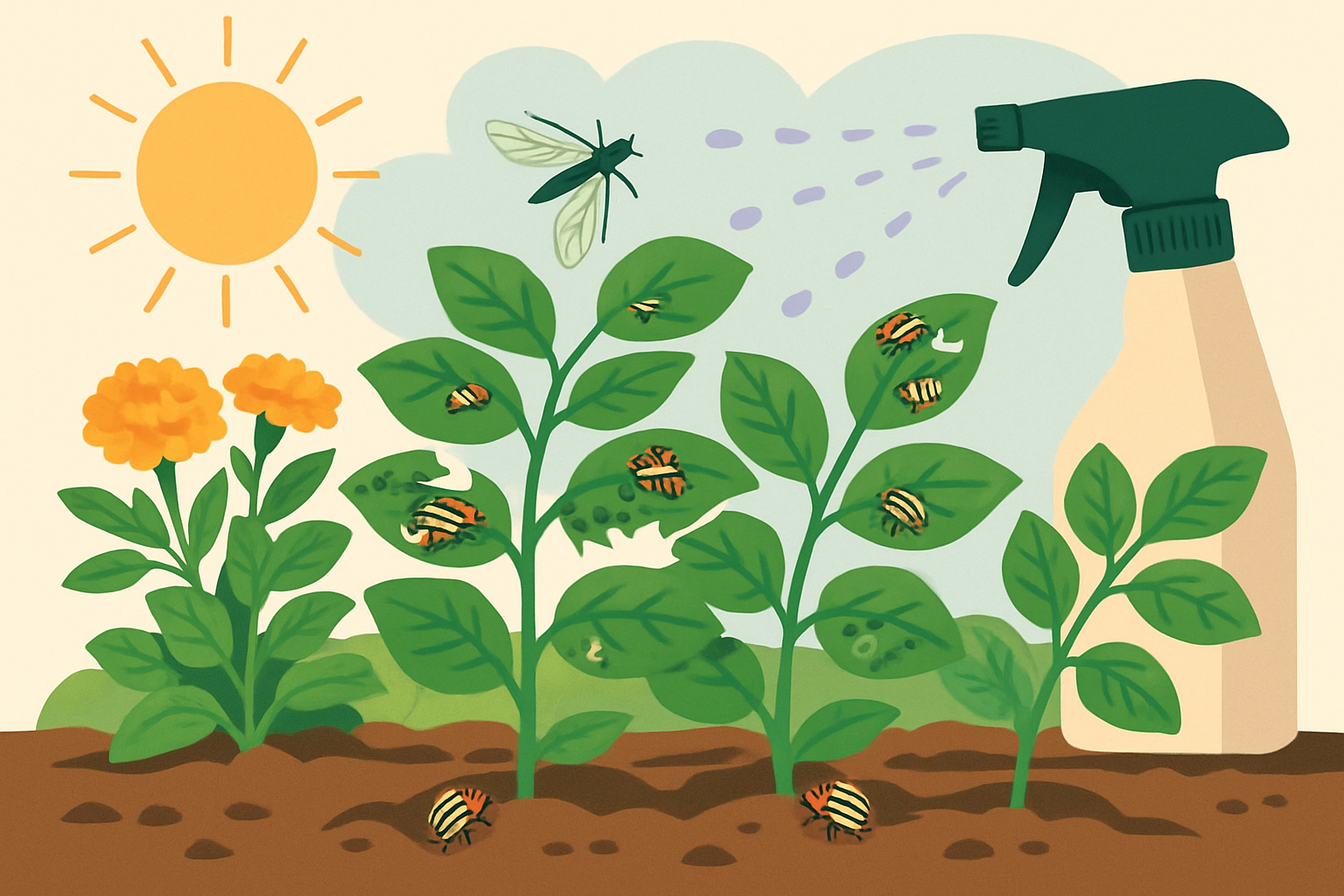 Potager montrant des feuilles de pomme de terre infestées par le doryphore, avec des solutions naturelles en place comme plantes répulsives et pièges