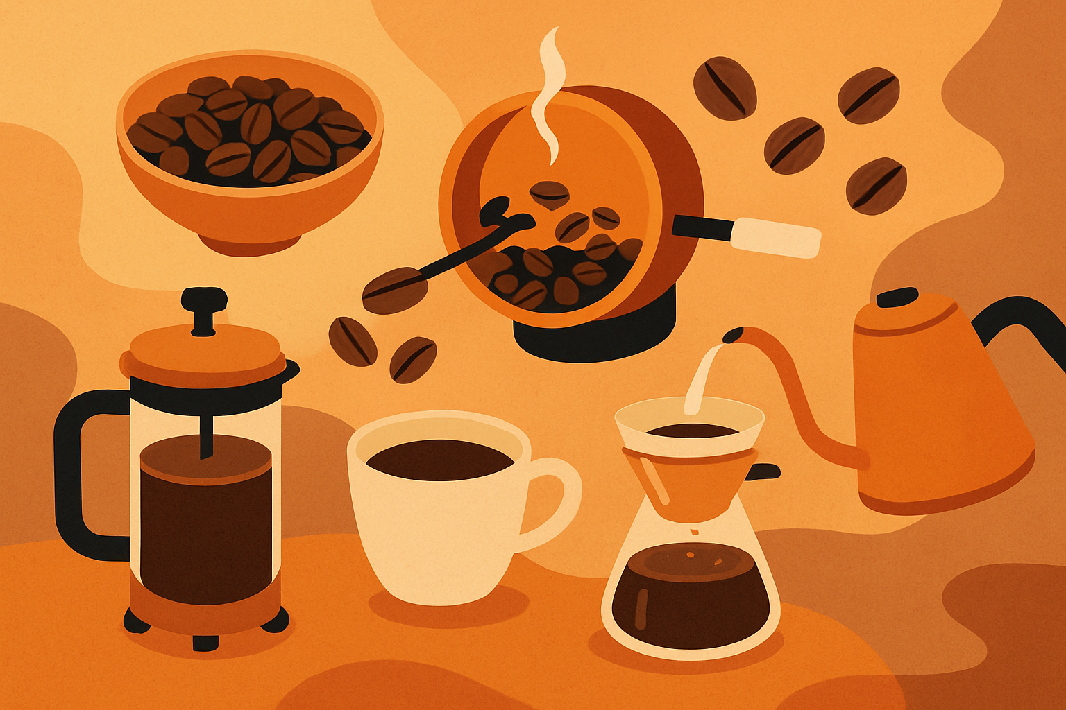Variétés de grains de café, méthode de torréfaction et préparation présentées dans une ambiance chaleureuse et authentique