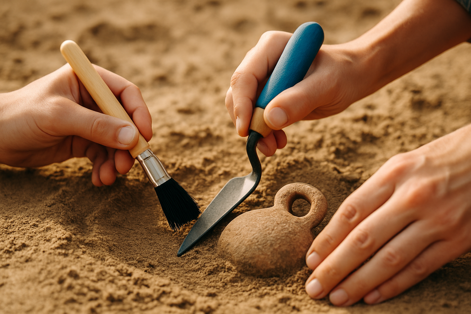 Manipulation délicate d’outils précis lors d’une fouille pour préserver les artefacts