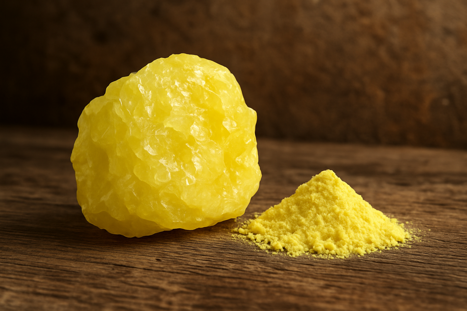 Pierre de soufre naturelle et sa texture cristalline jaune caractéristique.