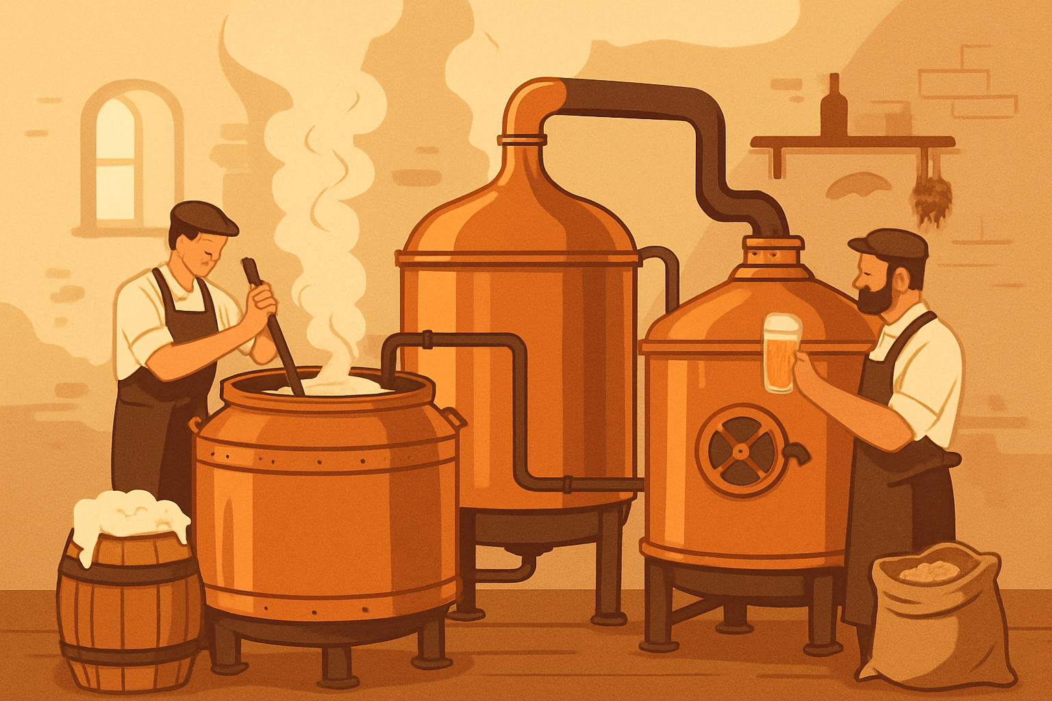 Vue d’une brasserie artisanale irlandaise en pleine fabrication de bière blonde.