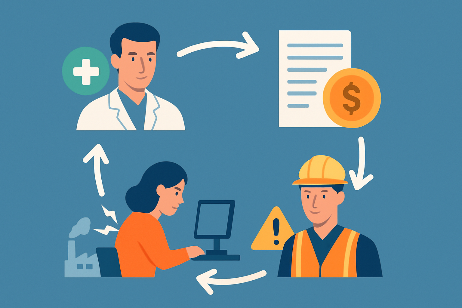 Schéma illustrant le cycle de la reconnaissance, indemnisation et prévention des maladies professionnelles.