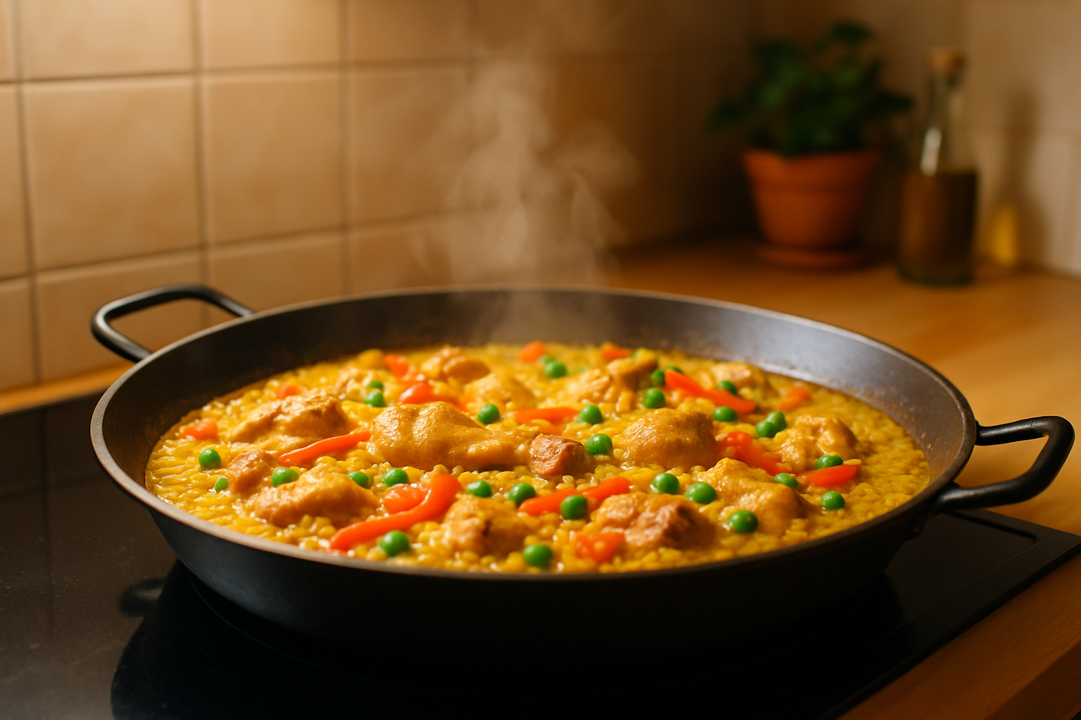 Paella en cuisson dans une poêle à paella traditionnelle avec couleurs vives des ingrédients et fumet visible