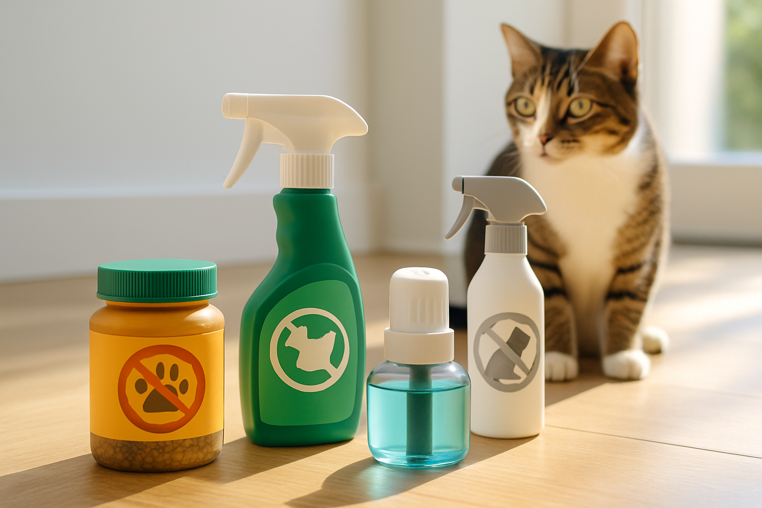 Différents types de répulsifs anti marquage urinaire pour chat: sprays, diffuseurs et granules