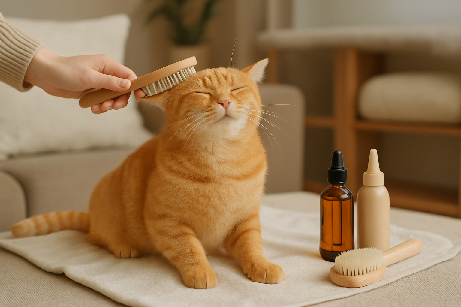 Un chat se faisant toiletter avec des produits naturels pour améliorer la qualité de son pelage.