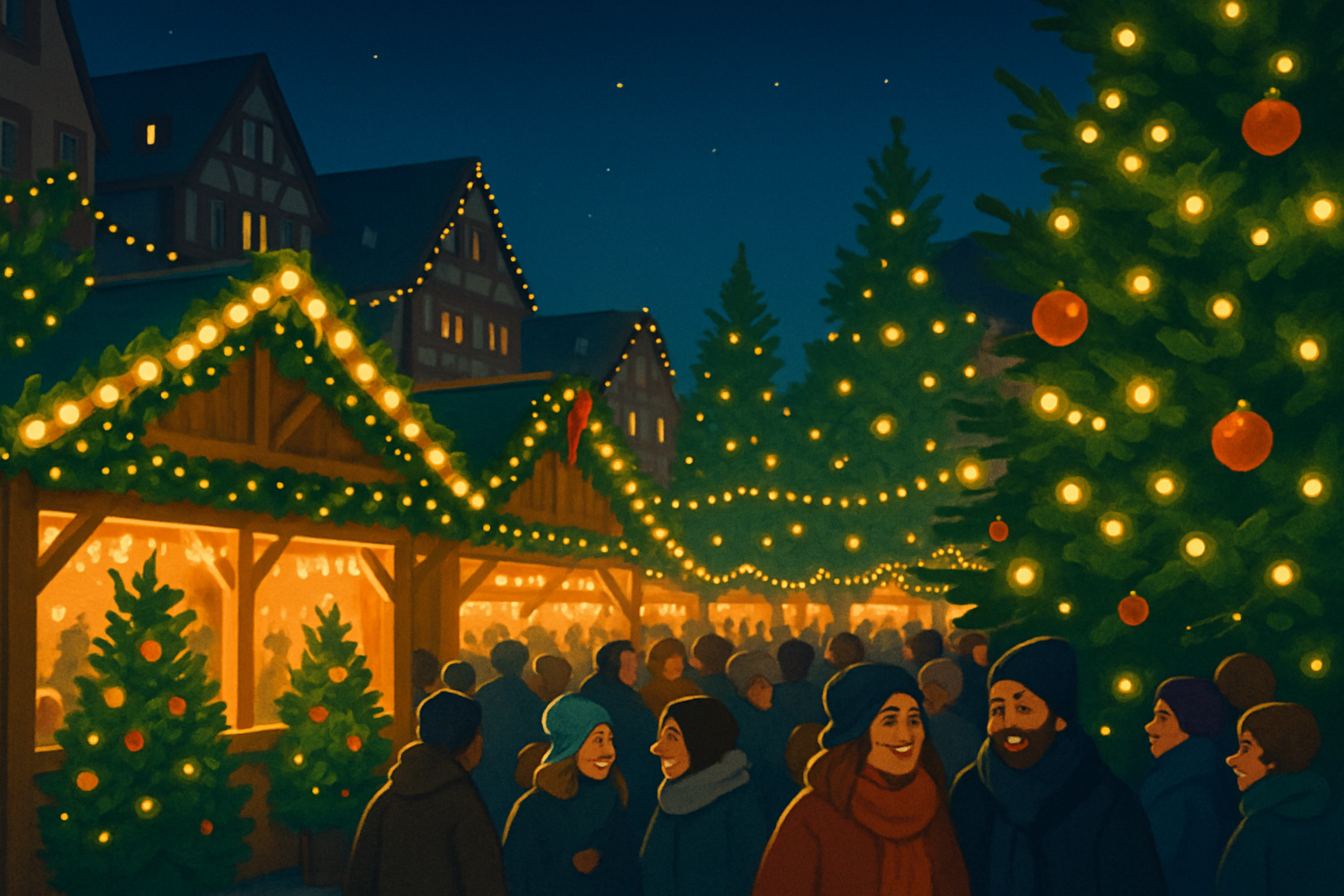 Vue emblématique du marché de Noël de Frankfurt illuminé en soirée, avec ses chalets en bois et sa foule animée