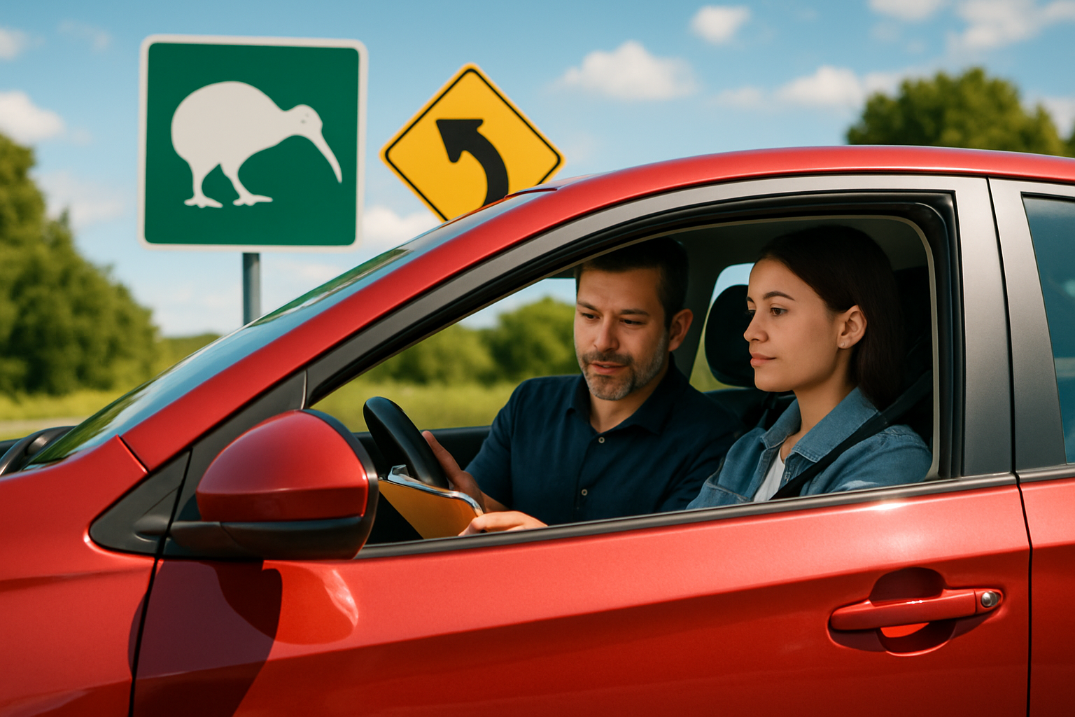 Un(e) candidat(e) passe son test pratique de conduite en Nouvelle-Zélande, avec un instructeur à ses côtés et des panneaux routiers typiques en arrière-plan.