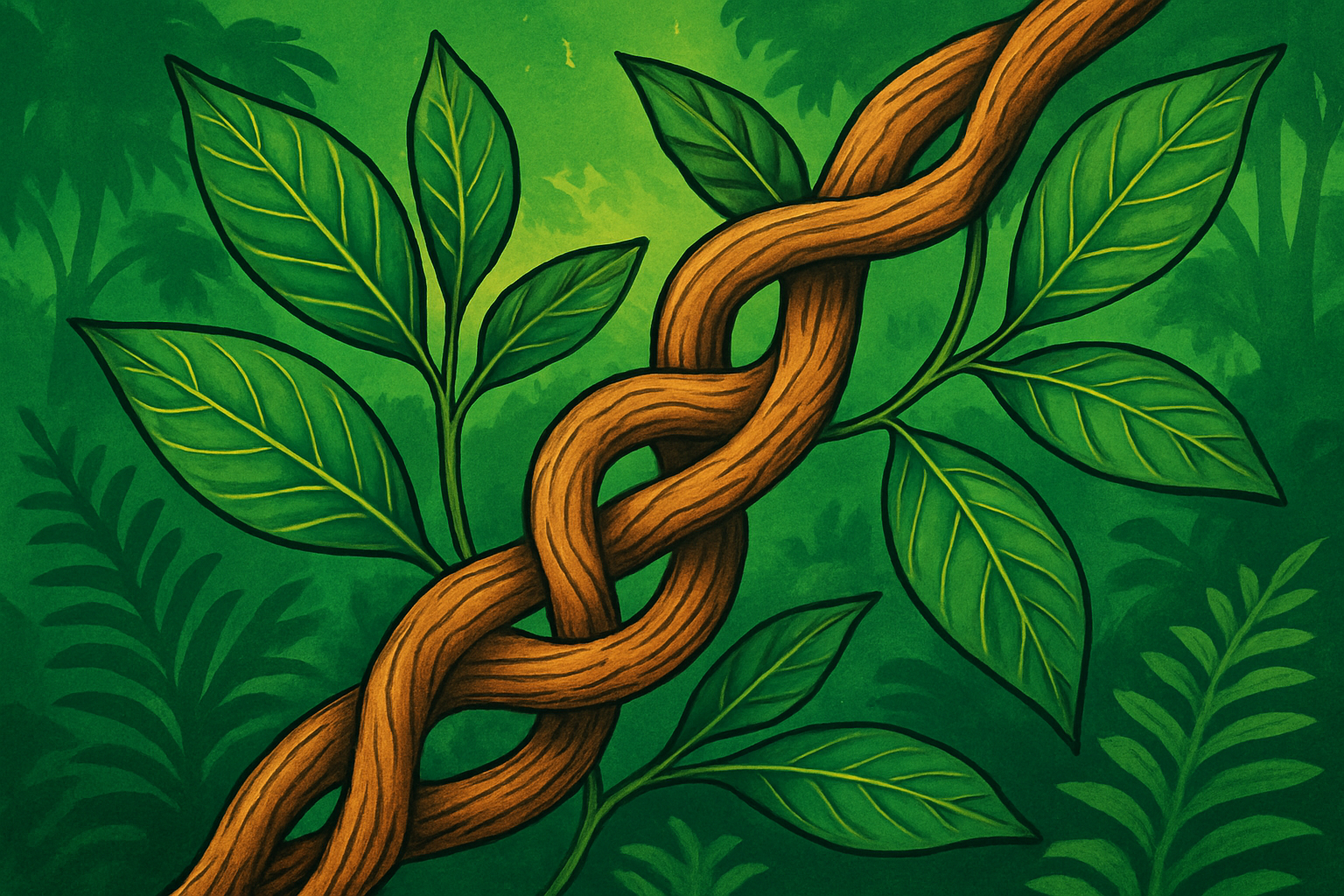 Illustration artistique de la liane d’ayahuasca et des feuilles utilisées pour la préparation traditionnelle du breuvage.