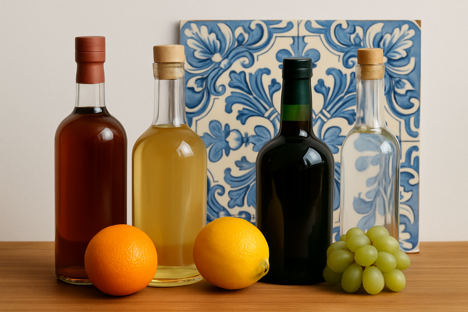 Bouteilles de spiritueux authentiques portugais mettant en avant la diversité des alcools traditionnels.