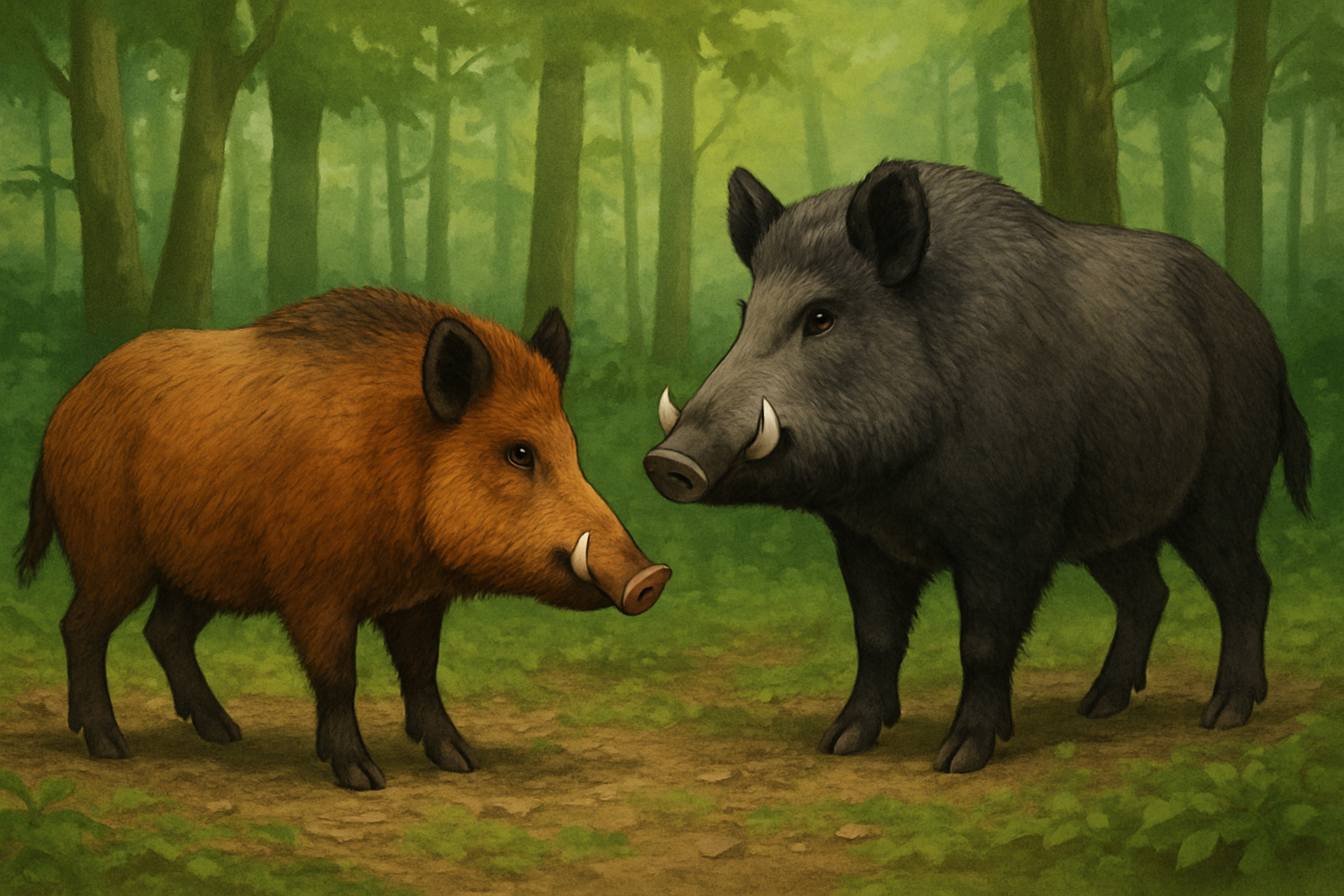 Comparaison visuelle entre sanglier turc et européen, illustrant leurs traits physiques distinctifs dans leur habitat naturel.