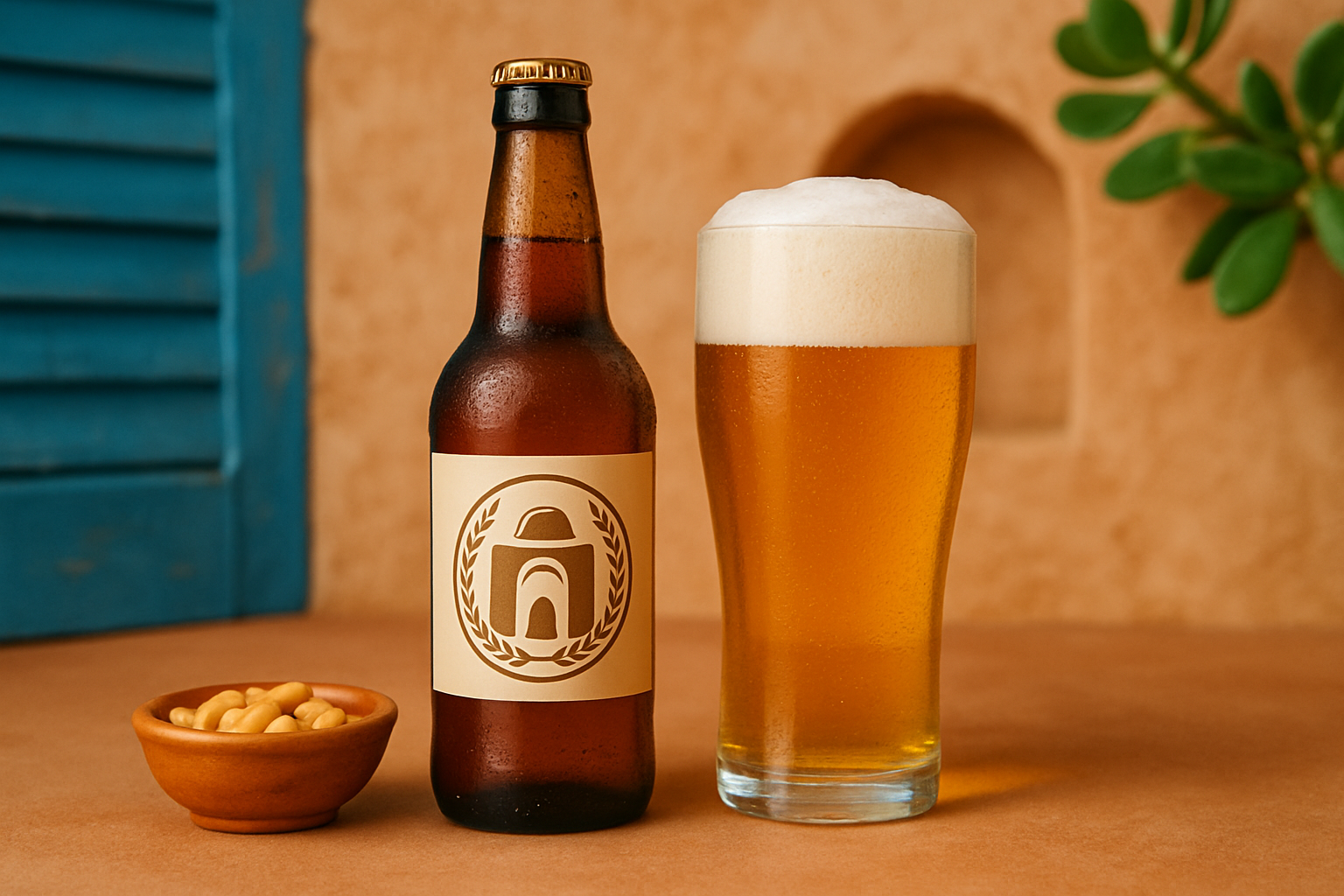 Une bouteille typique de bière tunisienne avec une mousse dorée et un logo de brasserie locale bien visible.