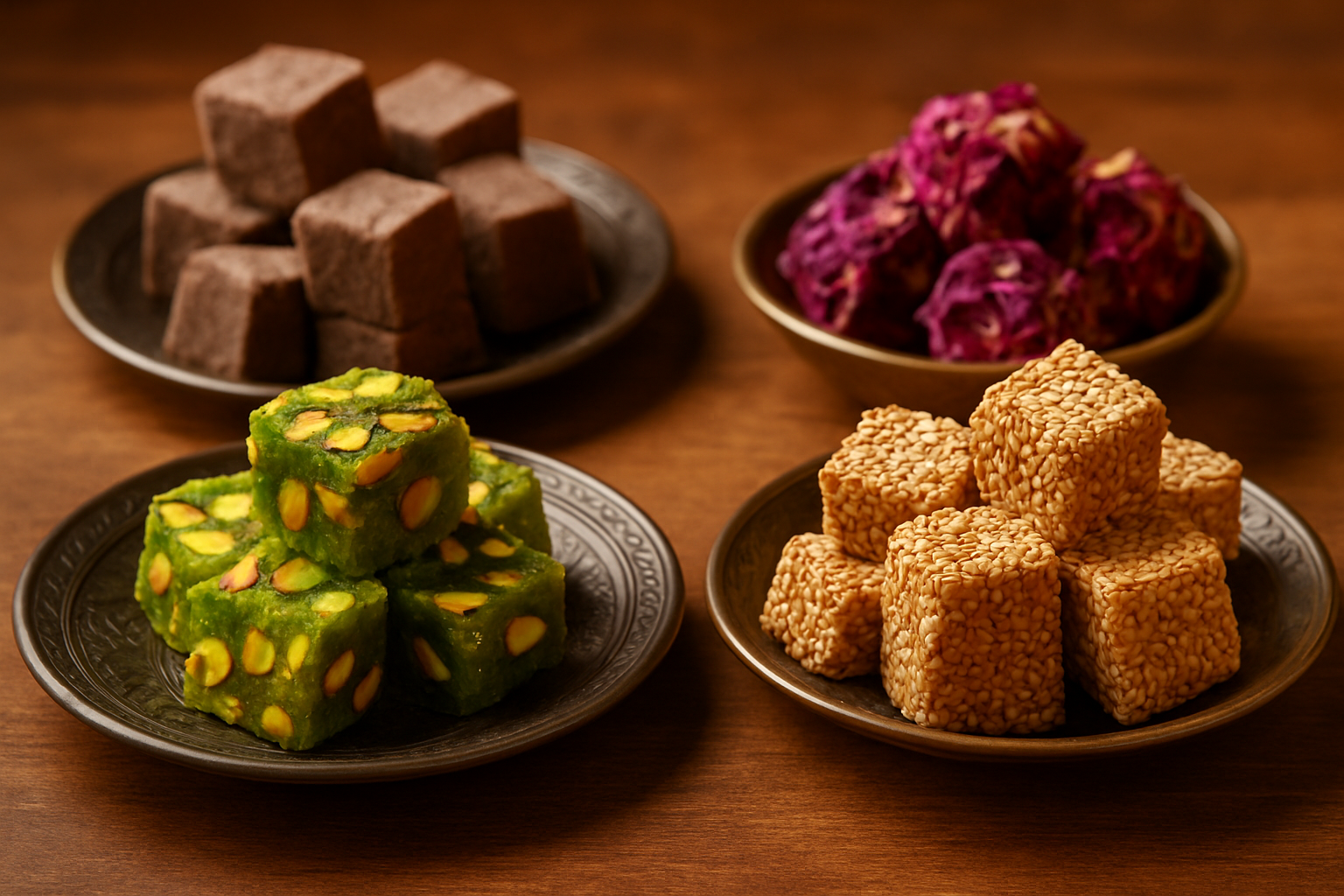 Photo haute qualité montrant plusieurs variantes régionales et modernes du dessert turc présentées dans un contexte gourmand