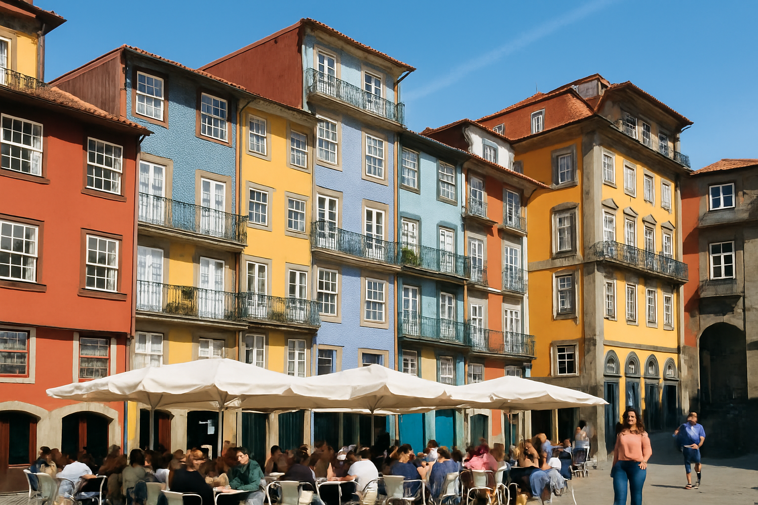 Scène typique de rue à Porto avec des habitants profitant des terrasses de café et des bâtiments historiques colorés.