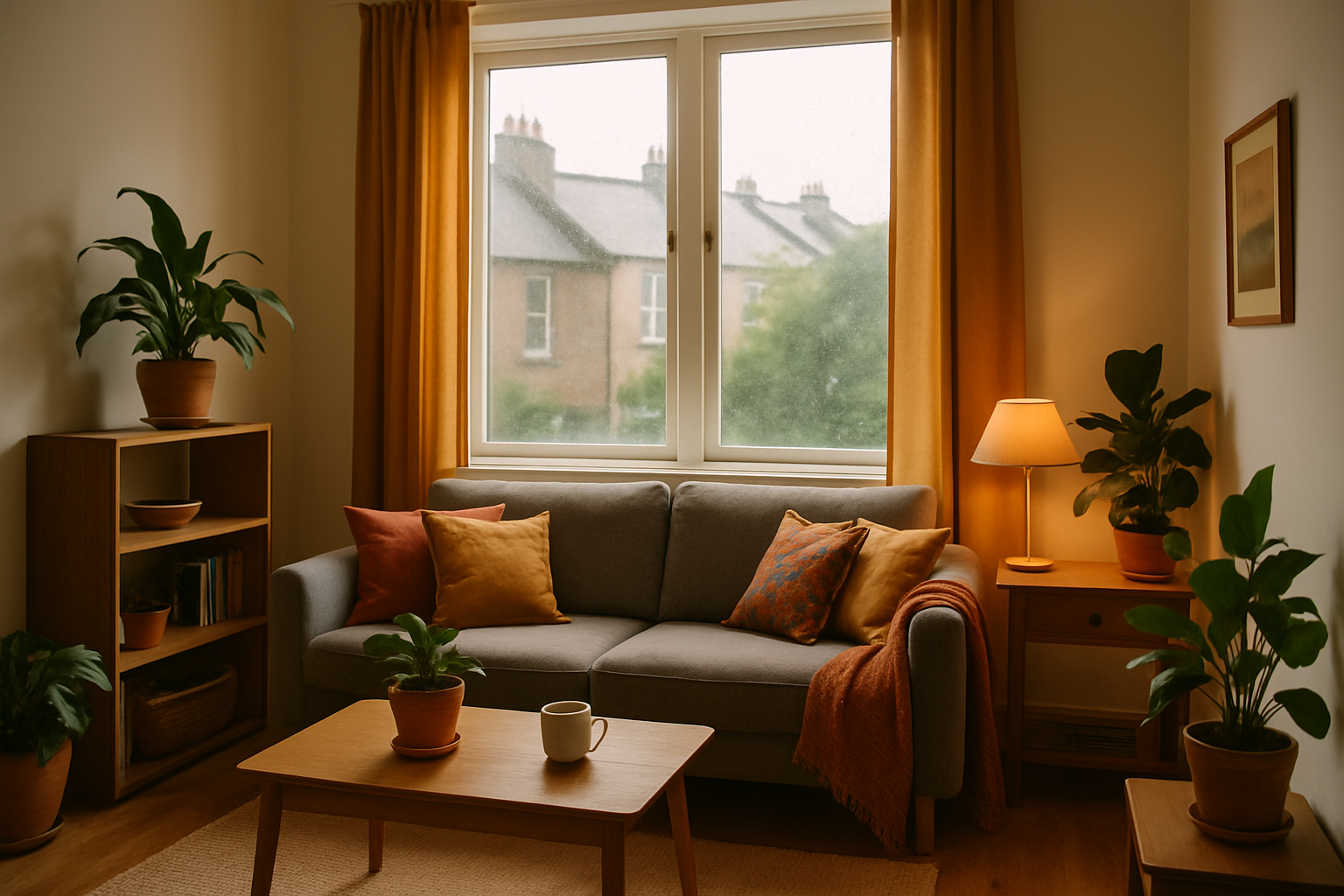 Intérieur chaleureux d’un appartement à Dublin avec vue sur la pluie, illustrant l’adaptation au climat humide
