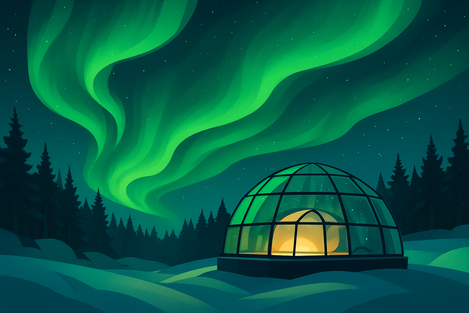Igloo de verre sous une aurore boréale en Laponie suédoise