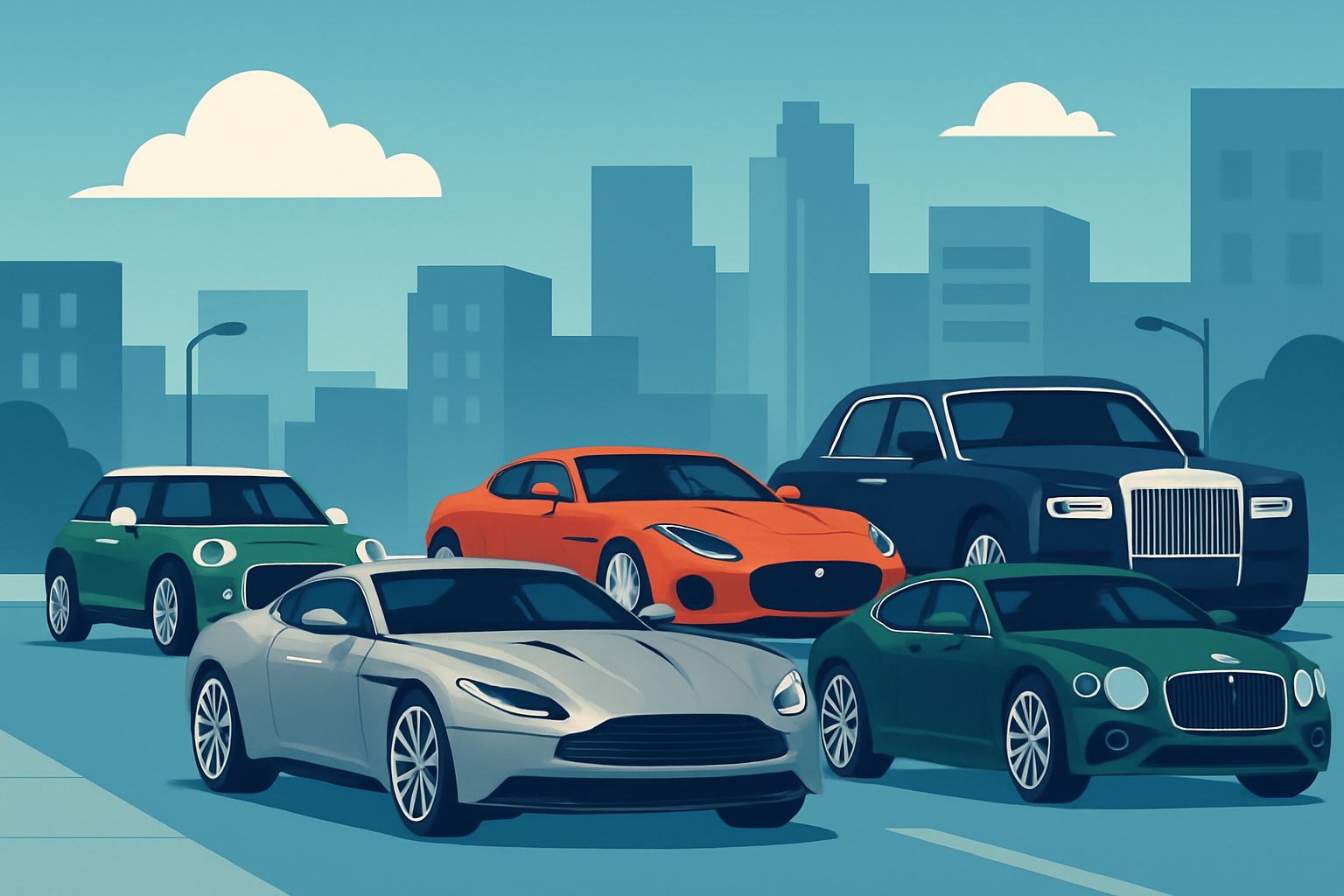 Illustration montrant plusieurs modèles phares des marques anglaises présentées dans un cadre élégant ou dynamique