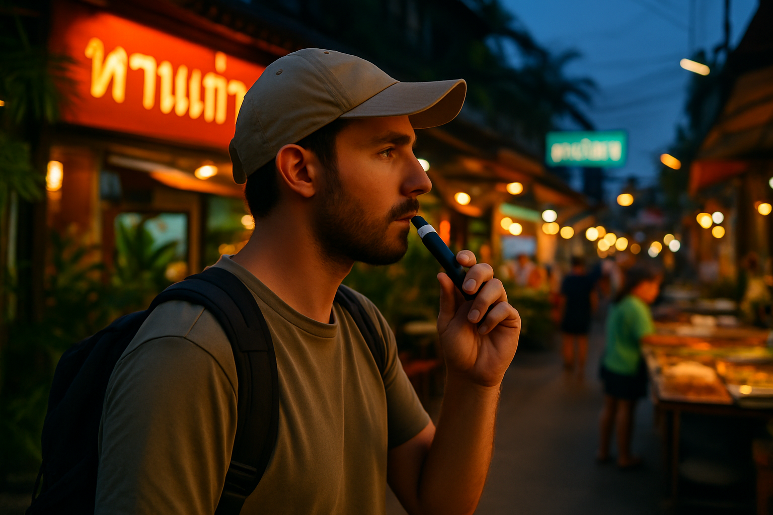 Un voyageur utilisant discrètement une cigarette électronique dans une rue animée de Thaïlande