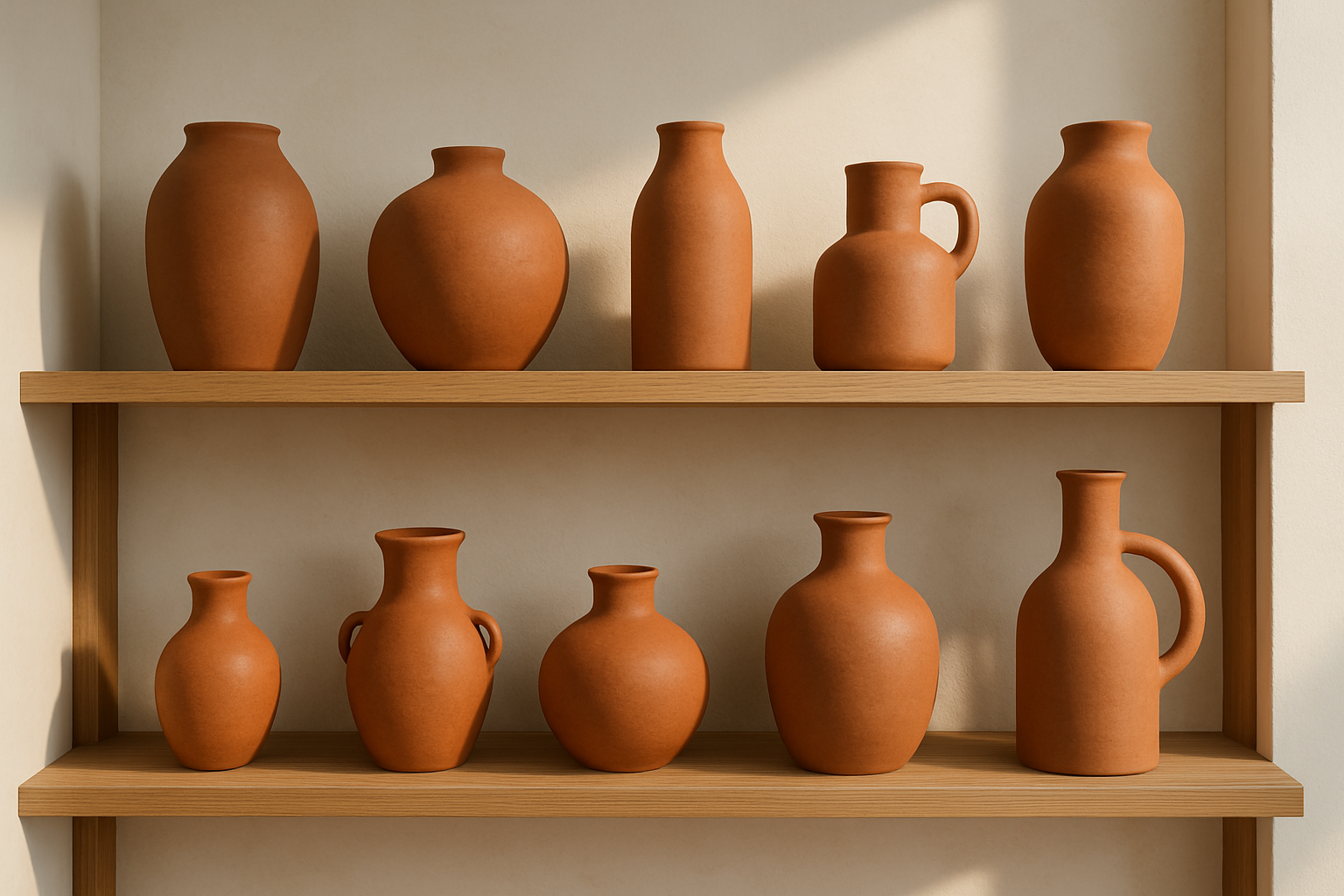 Collection moderne et rustique de vases en terre cuite exposés dans un décor intérieur chaleureux