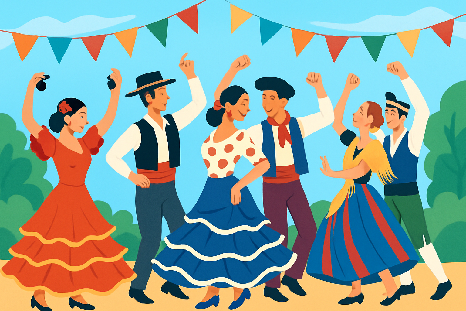 Célébration contemporaine en Espagne montrant différentes régions portant leurs costumes traditionnels colorés