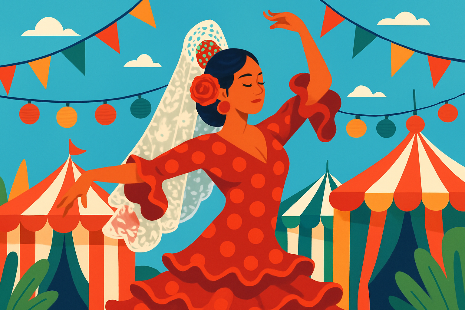 Danseuse andalouse en robe flamenco traditionnelle avec mantille et peineta lors d’une fête typique