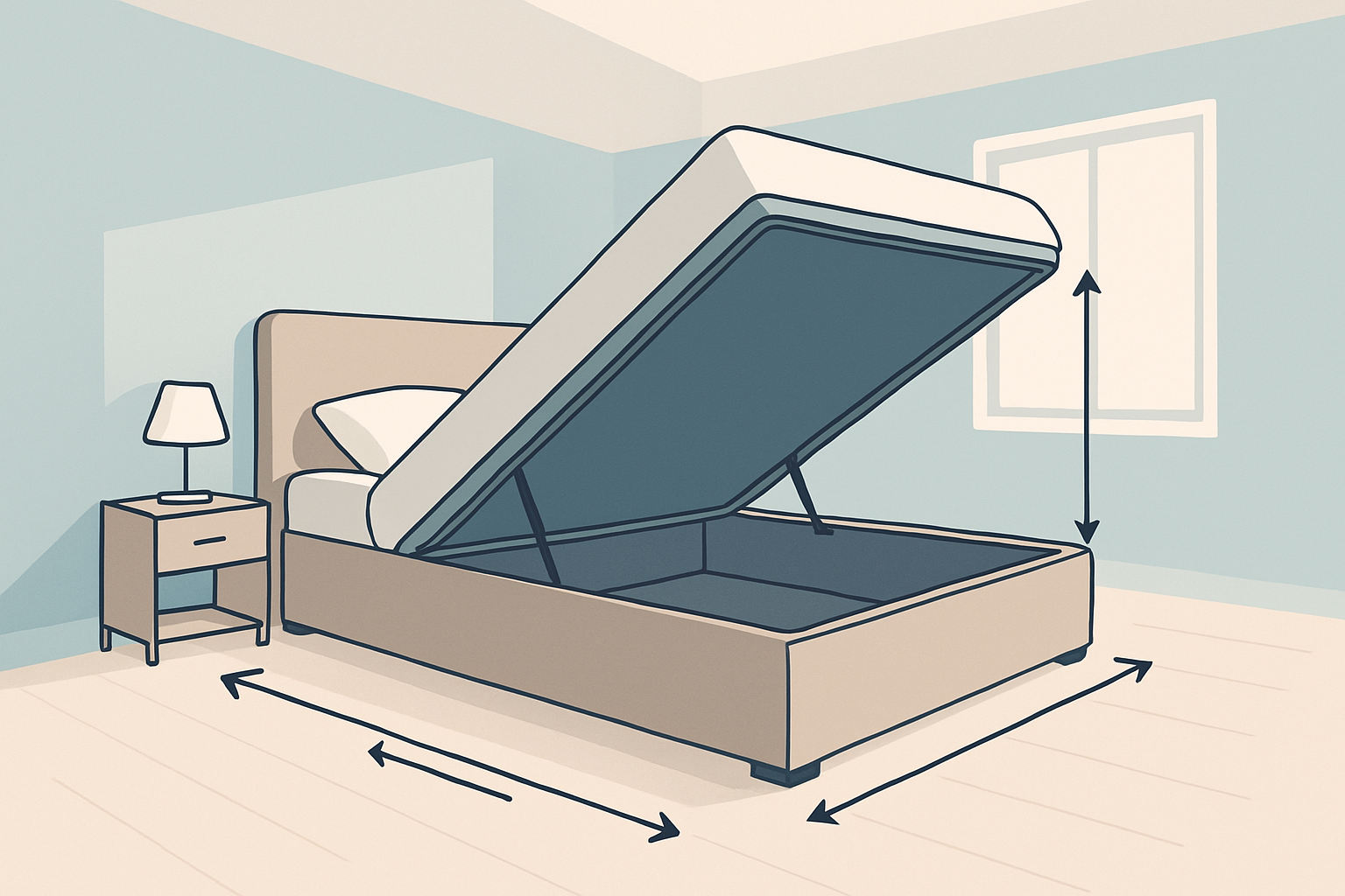 Schéma illustrant comment mesurer un lit et une chambre pour installer un sommier coffre correctement