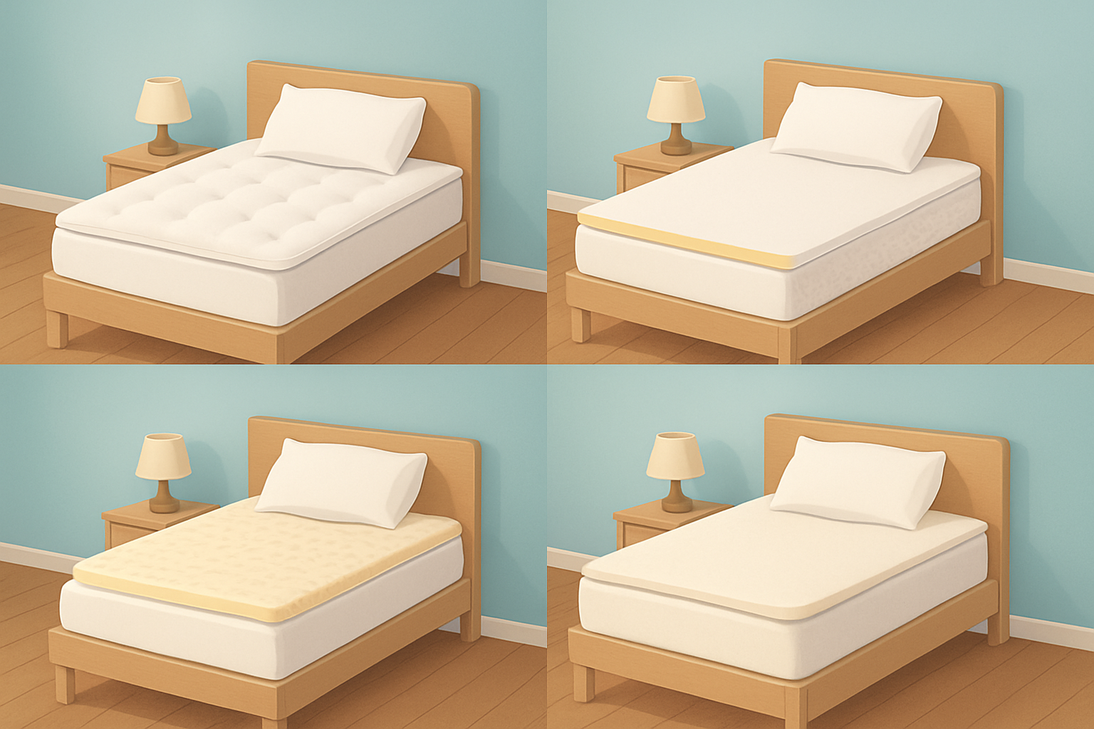 Comparaison visuelle de différents types de surmatelas montrant leurs matériaux et épaisseurs variées